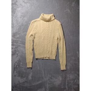 Wainscott 100% Cotton Cream Cable Knit Turtleneck Sweater Preppy Size M Petite